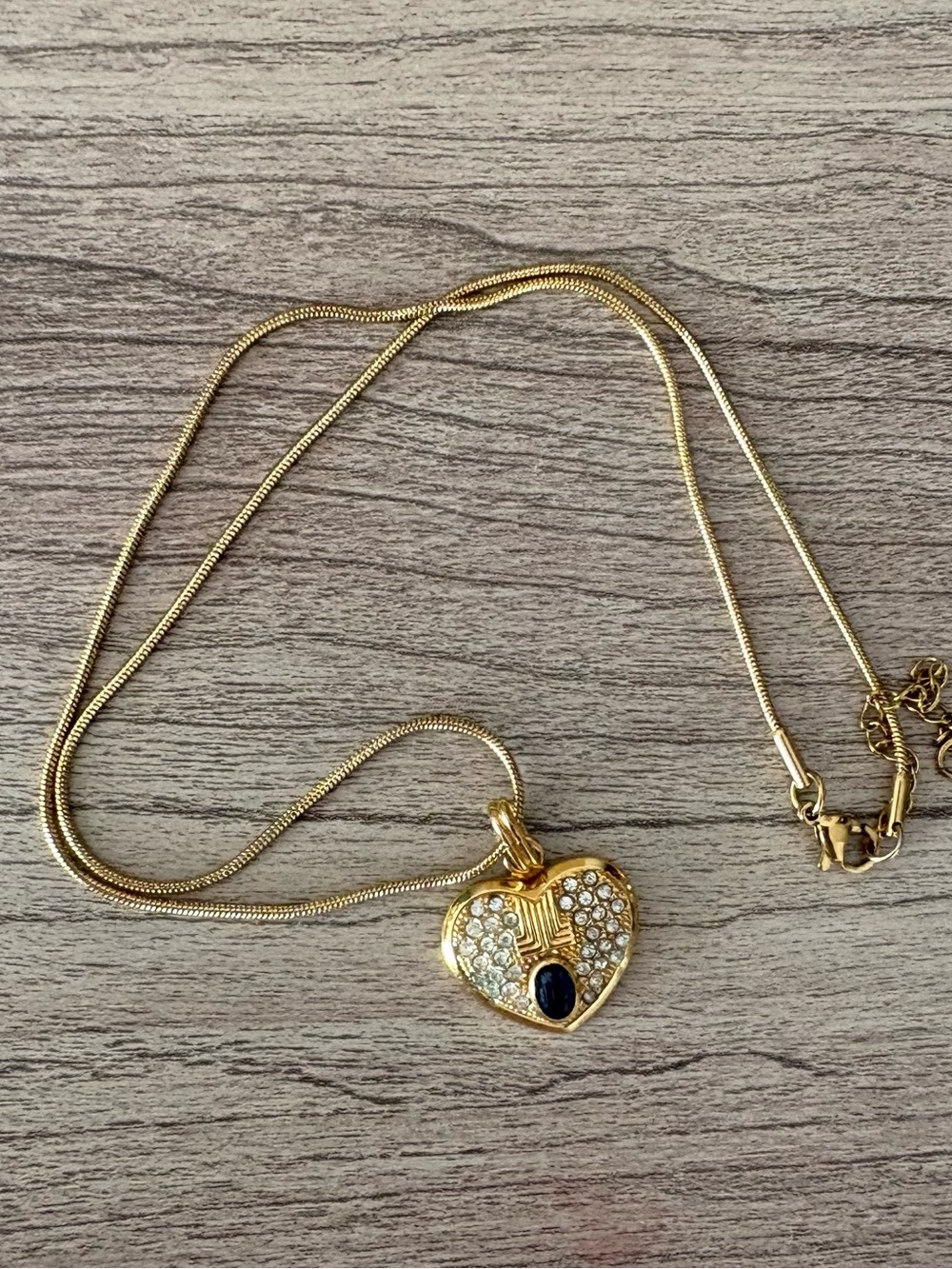 Lanvin vintage Gold Heart Pendant Necklace Blue Stone Crystal Accents